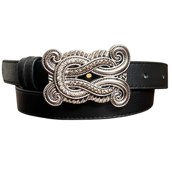 Leatherock belt black leather ornate silver toned  & rhinestone buckle EUC - Picture 1 of 11